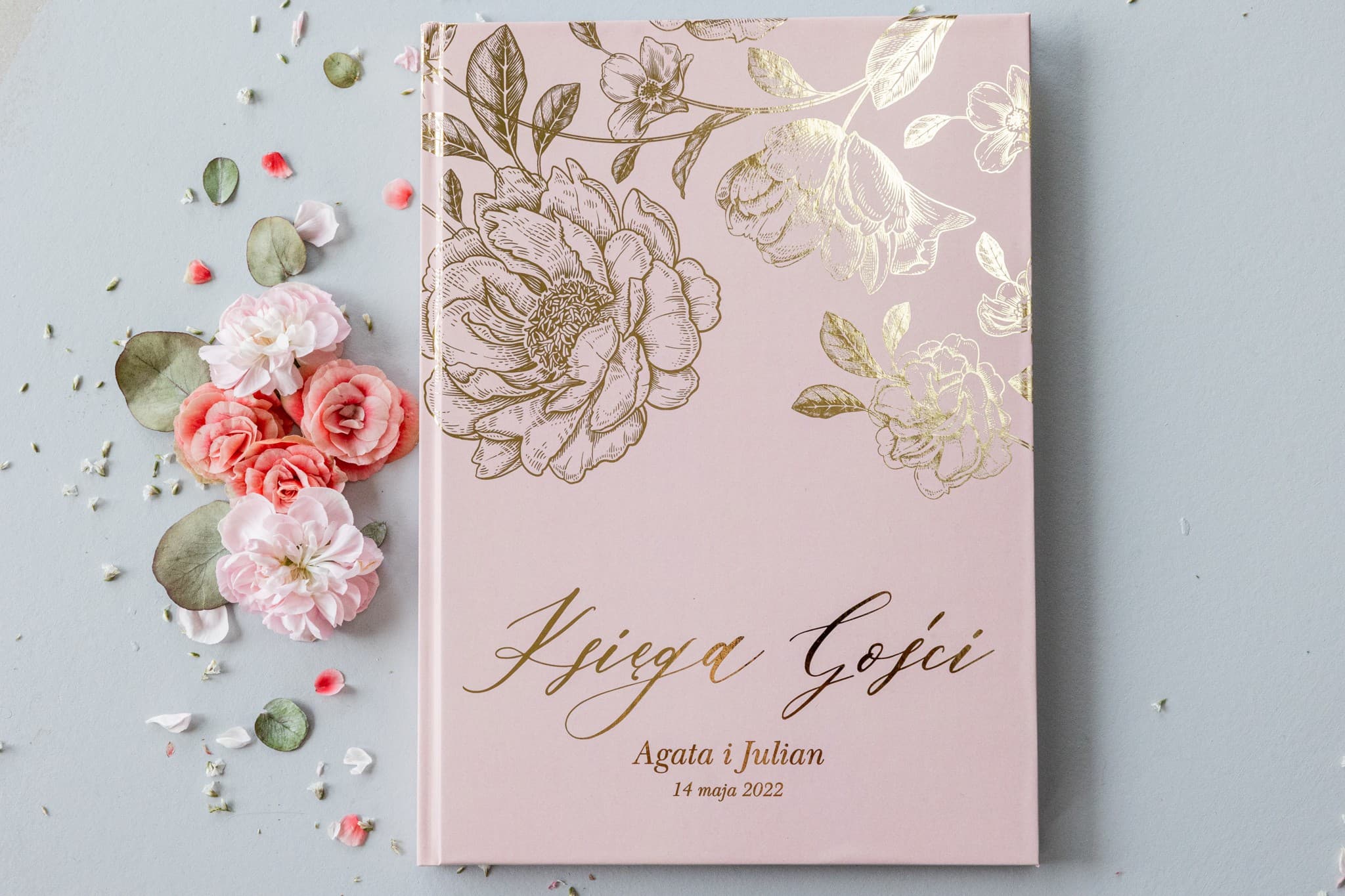 Libro Ospiti Nuziale rosa cipria con grafica dorata di peonie