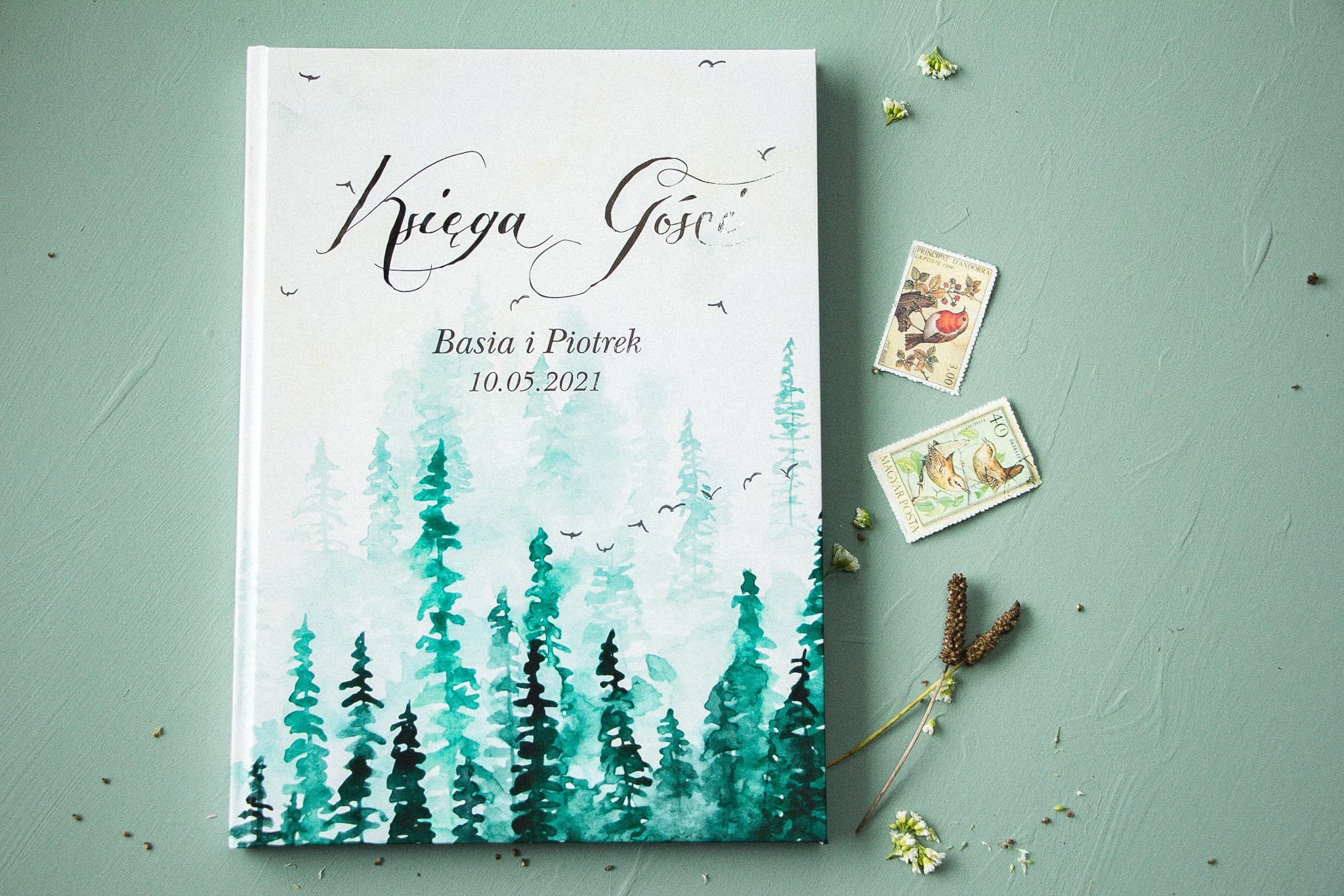 Libro ospiti personalizzato con motivo foresta unico e dettagli argentati | Pastello N. 7