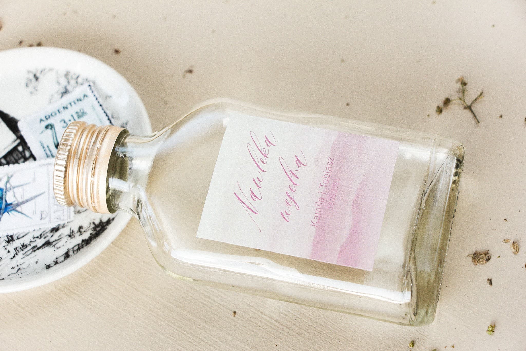 Gastgeschenke Likörflaschen mit rosa Aquarellblumen Kollektion Opal Nr. 5 - 3