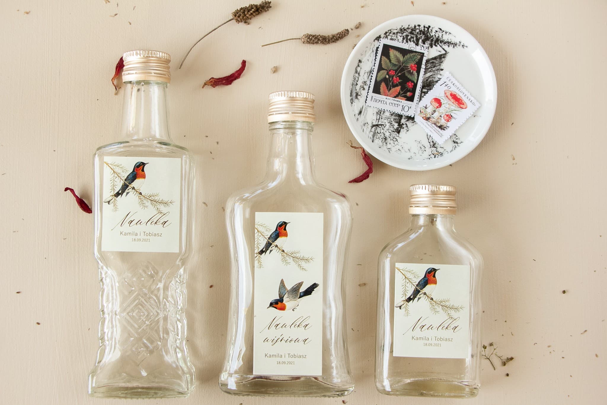 Vintage Bird Theme Wedding Favour Liqueur Bottles Opal Design 3 - 2