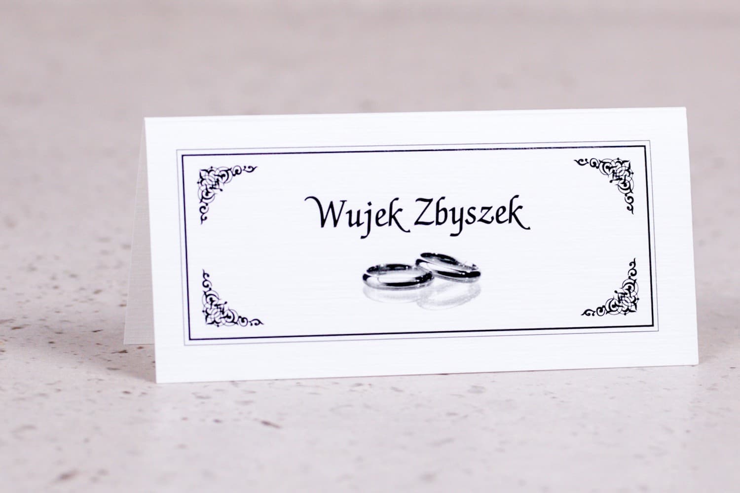 Marcasitios de Boda Arte nº 1 – Tarjetas de Mesa con Alianzas y Marco