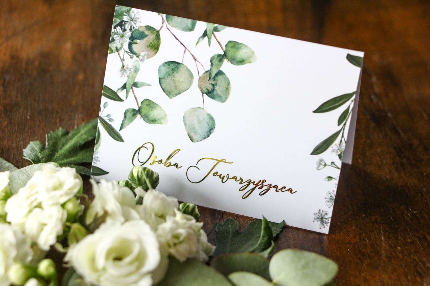 Marcasitios de Boda Soreli nº 5 – Tarjetas de Mesa Doradas con Eucalipto y Paniculata