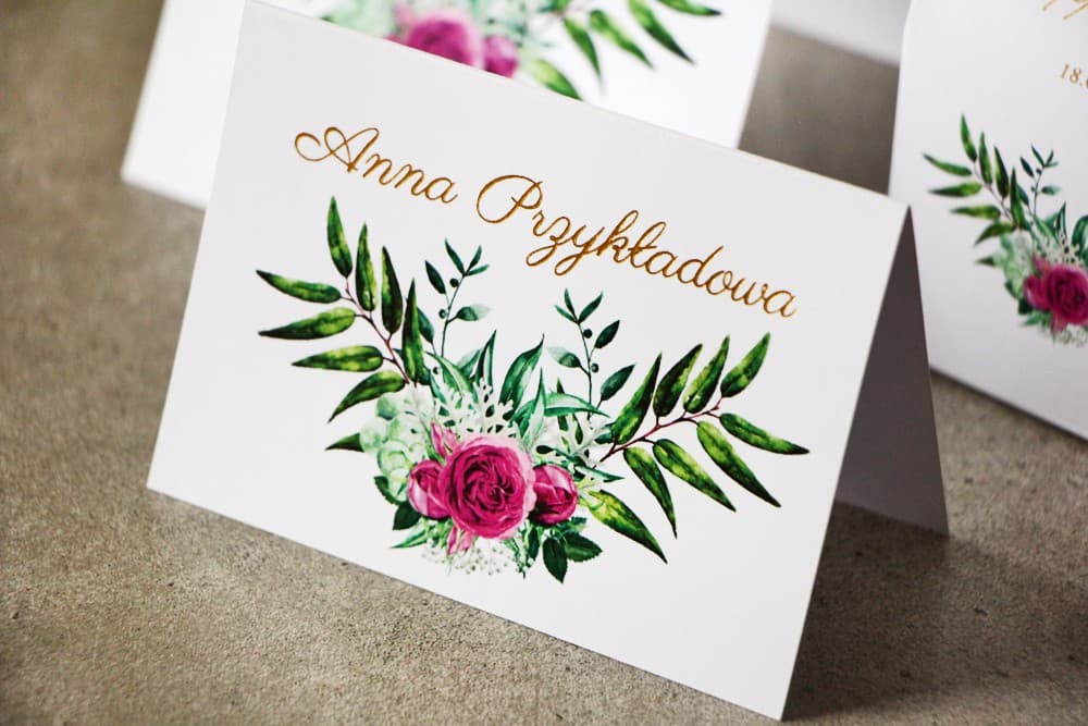 Marcasitios de Boda Cykade n.º 4 – Tarjetas de Mesa Doradas con Rosa Fucsia