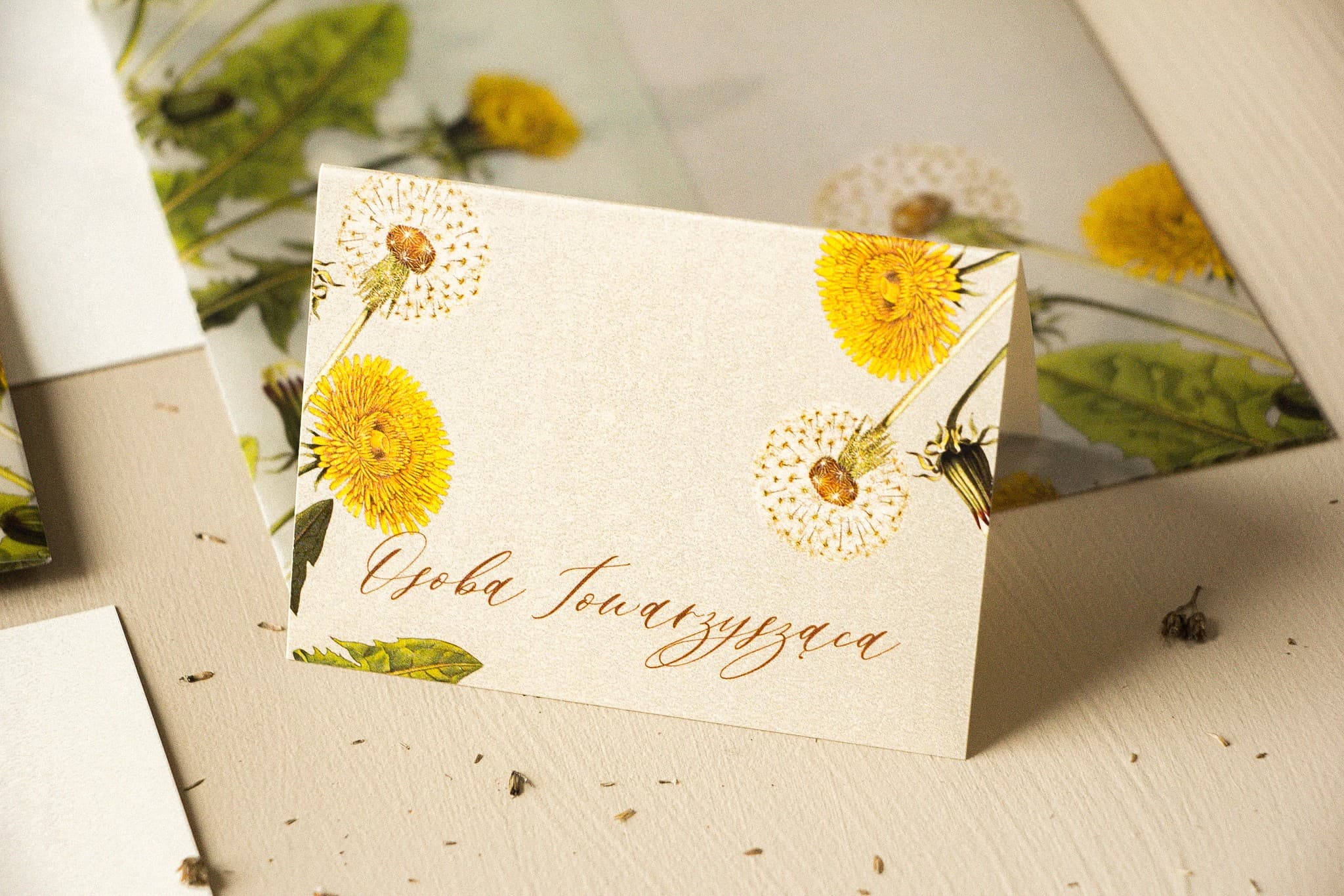 Marcasitios de Boda Opal n.º 6 – Tarjetas de Mesa Perladas con Motivo de Diente de León