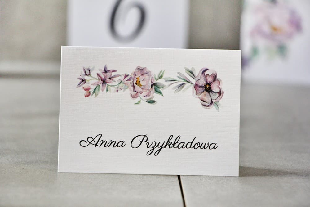 Marcasitios para mesa de boda - Pistacho nº 15 - Delicadas flores lila pastel