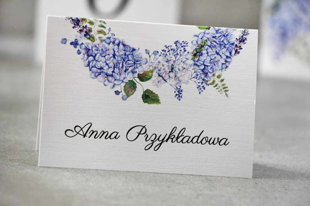 Marcasitios de Boda Pistacjowe nº 1 – Tarjetas de Mesa con Motivo de Hortensia Azul