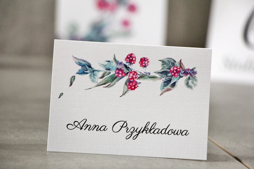 Marque-places de Mariage Pistacjowe n° 17 – Cartes de Table Motif Mûres sur Papier Lin