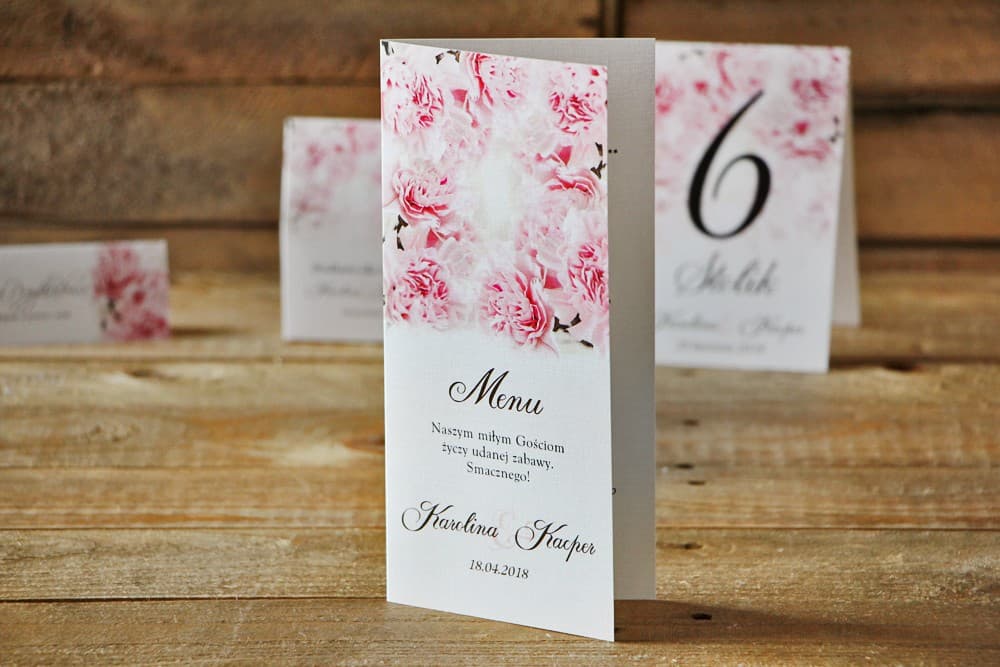 Élégant Menu de Mariage avec Œillets Roses Aquarelle, Personnalisé | Menu de Table de Mariage, Carte de Plats | Aquarelle n° 21