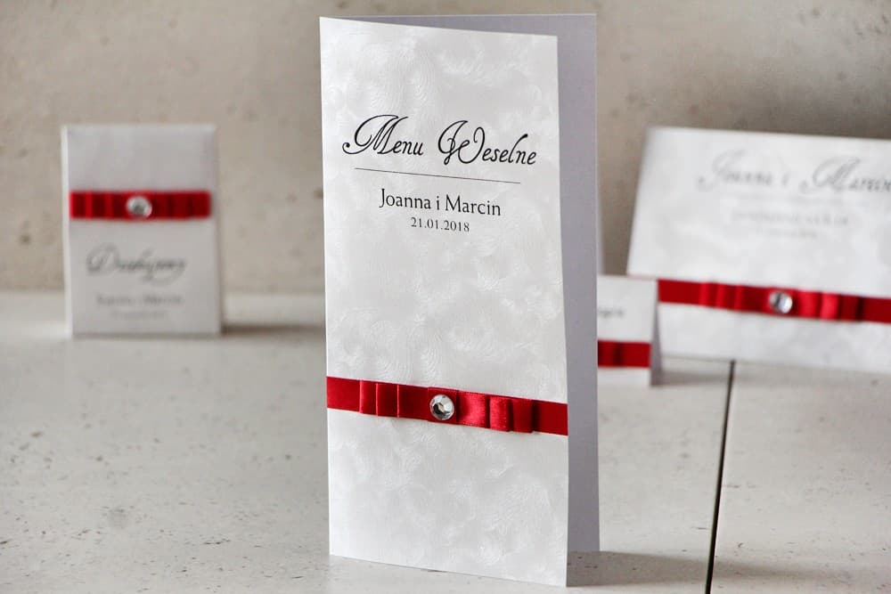 Elegante Menú de Boda con Cinta Roja y Circonita Carta de Platos Personalizada | Menú para Boda Glamour | Amaretto nº 2