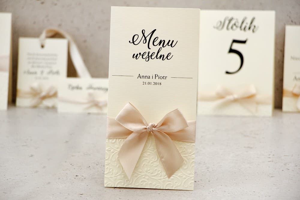 Elegante menú de boda con lazo, plegado, para mesa | Carta de platos personalizada | Belisa nº 5