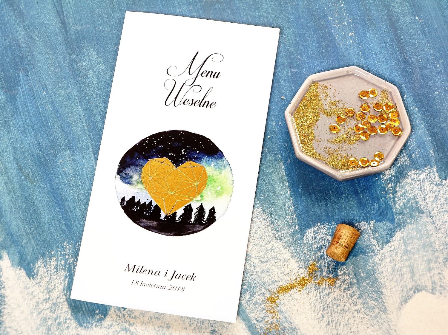Menú de Boda Plegable Acuarela Luna y Corazón Dorado | Elegantes Cartas de Menú para Mesa | Noche de Luna nº 4