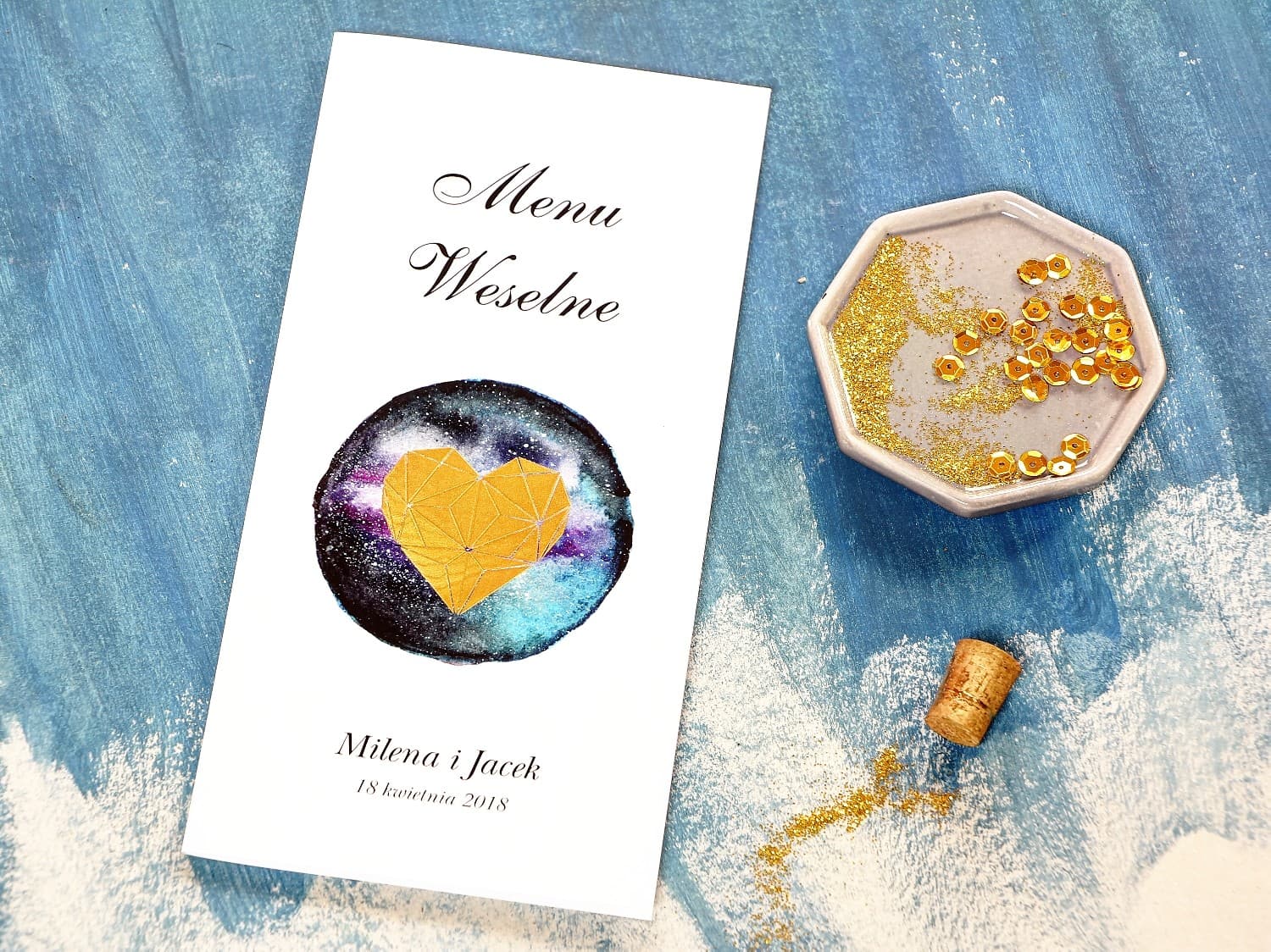 Menú de Boda Dorado Glamour con Motivo de Cielo Nocturno y Corazón | Menú para Mesa de Boda | Noche Lunar no. 3