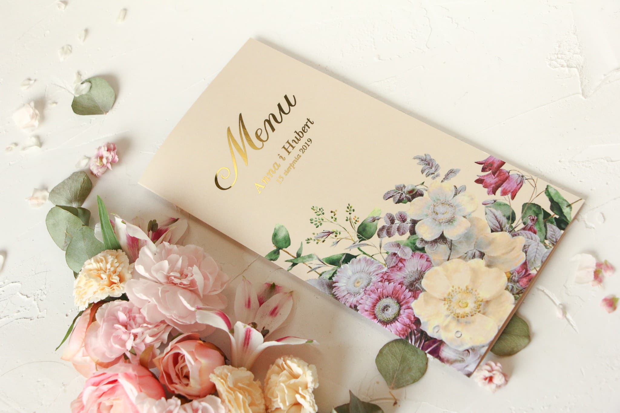 Menú de Boda Elegante Dorado con Ramo Vintage | Carta de Menú Personalizada | Szafirowe nº 1