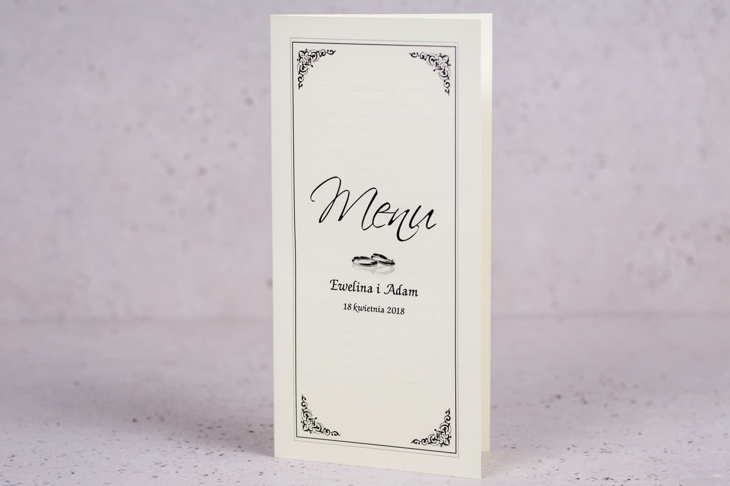 Elegante Menú de Boda Ecru con Alianzas | Carta de Menú para Mesa de Boda | Arte nº 2