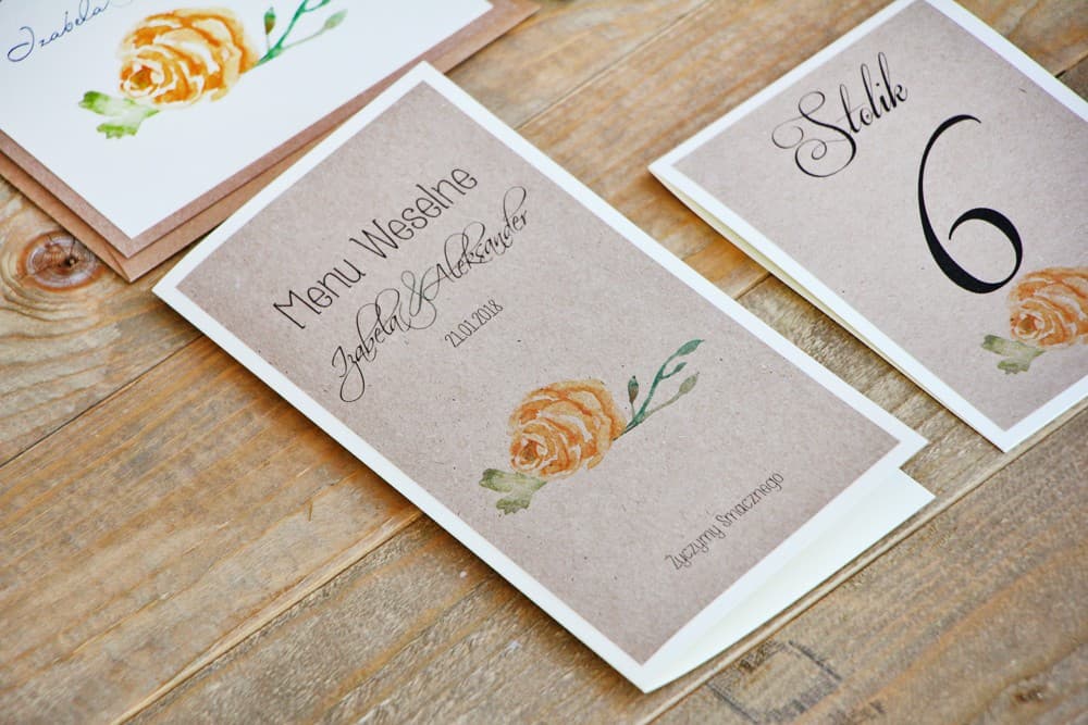 Menú de Boda con Rosa Amarilla en Acuarela, Papel ECO y Lino | Elegante Menú de Mesa Plegable | Margaret n.º 3