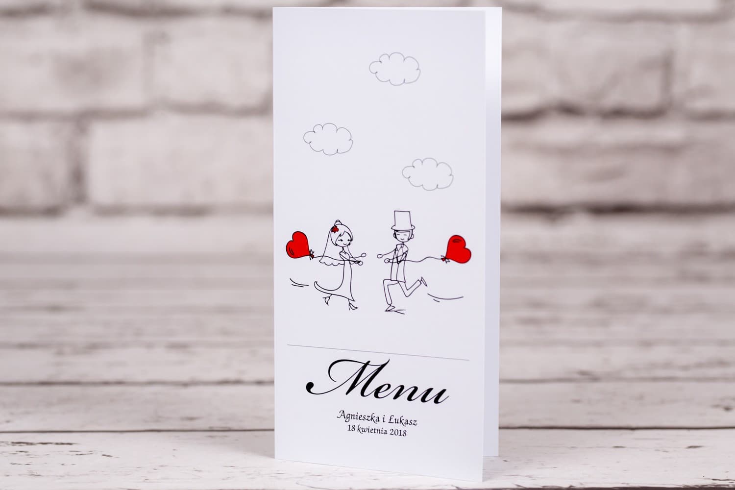 Stojące Menu Weselne z Grafiką Pary Młodej | Personalizowana Karta Dań na Stół | Bueno nr 5