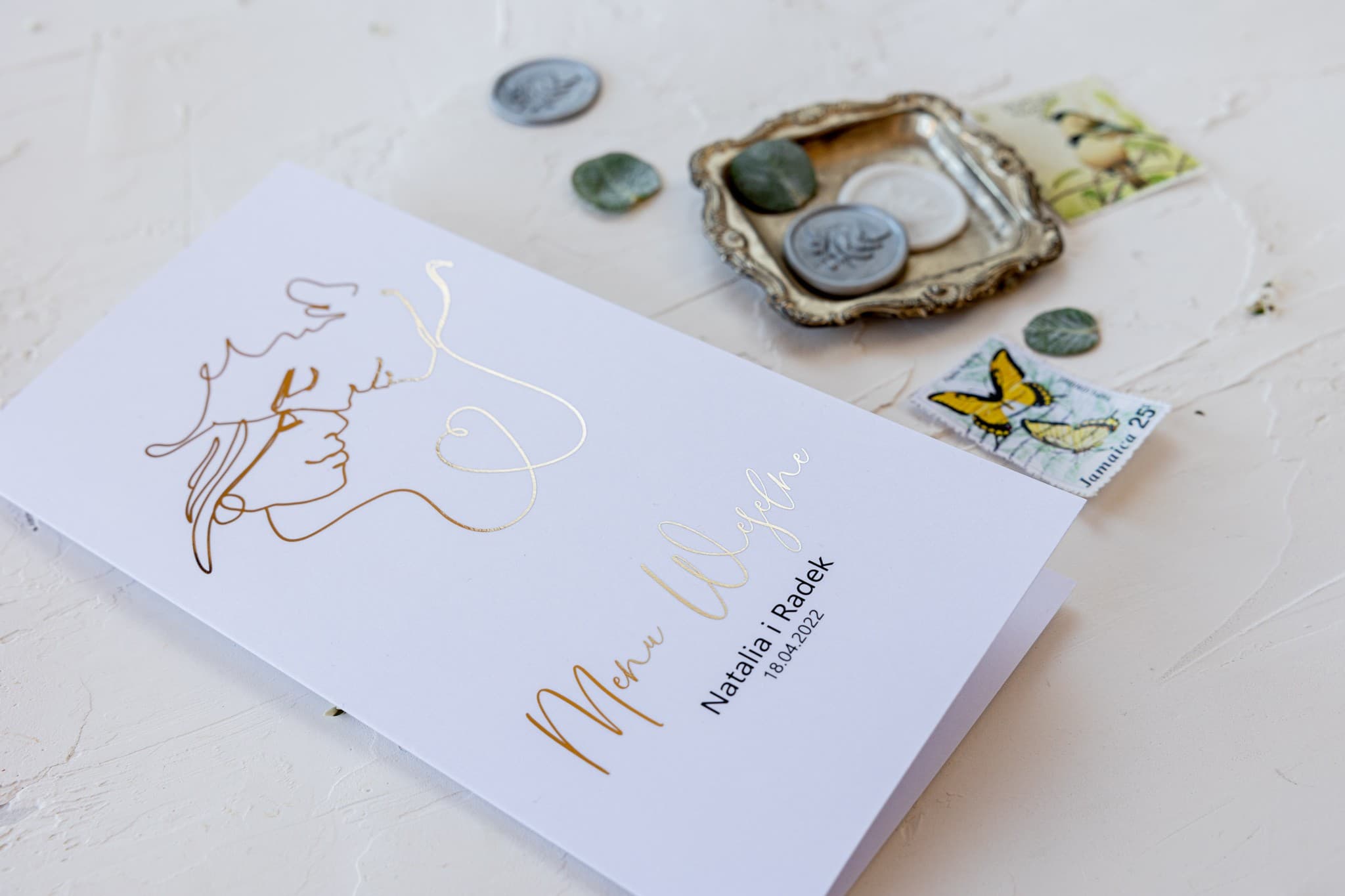 Menú de Boda Dorado con Laminado SoftTouch | Elegante Carta de Menú para Mesa | Jaspis nº 1