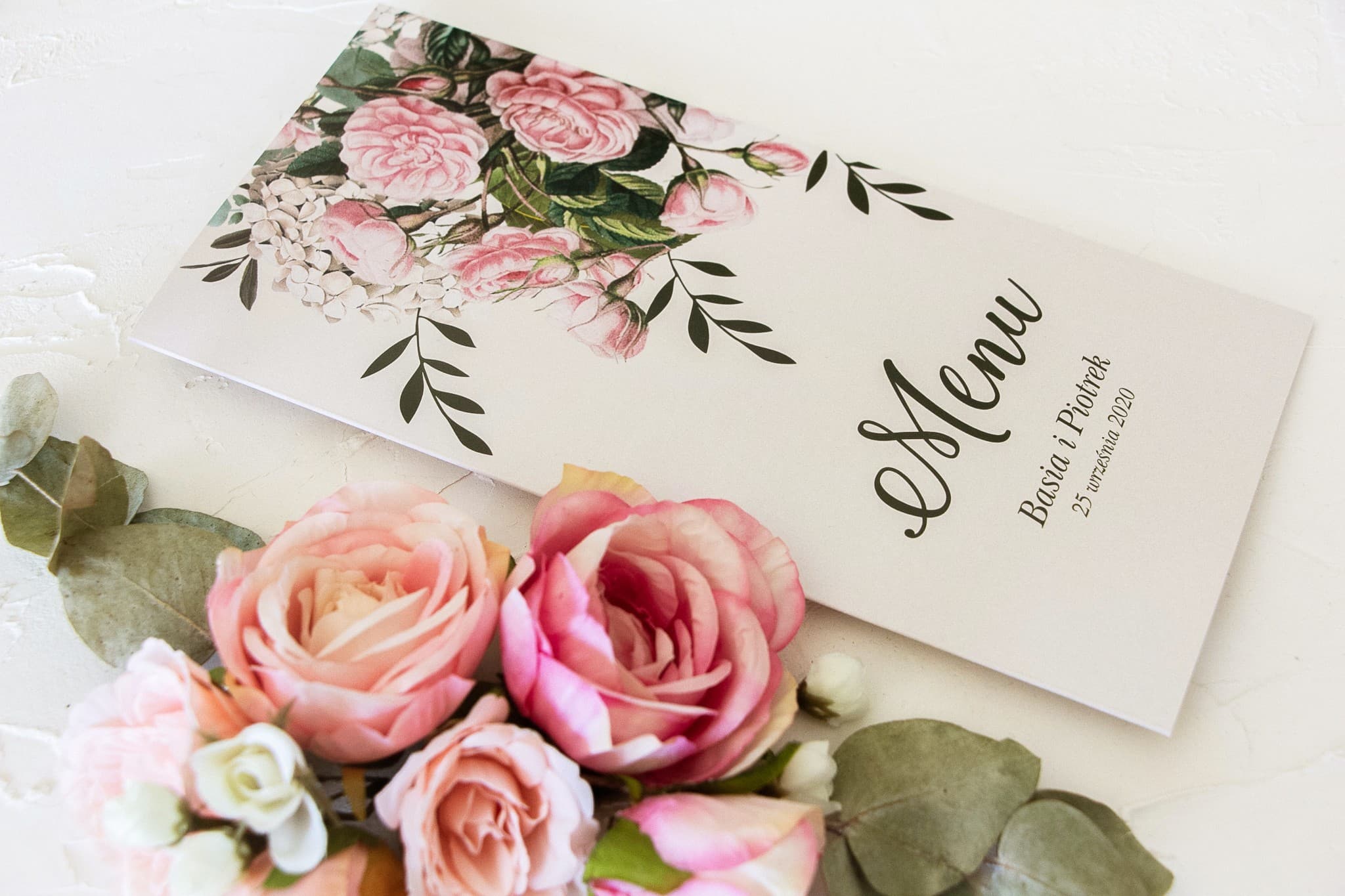 Menú de Boda Plegable Floral Rosas y Hortensias | Elegante Carta de Menú para Mesa | Korani nº 1