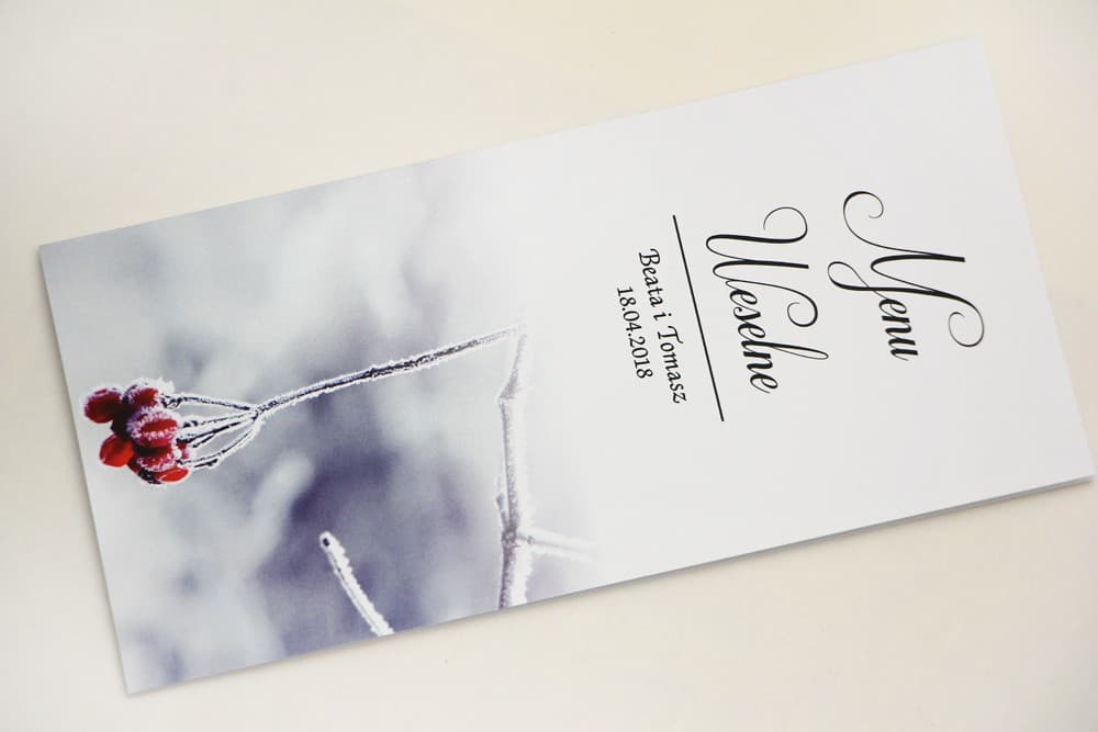 Zimowe Menu Weselne z Jarzębiną, Elegancka Karta Dań na Stół | Menu na Wesele Składane, Papeteria Ślubna | Elegant nr 17