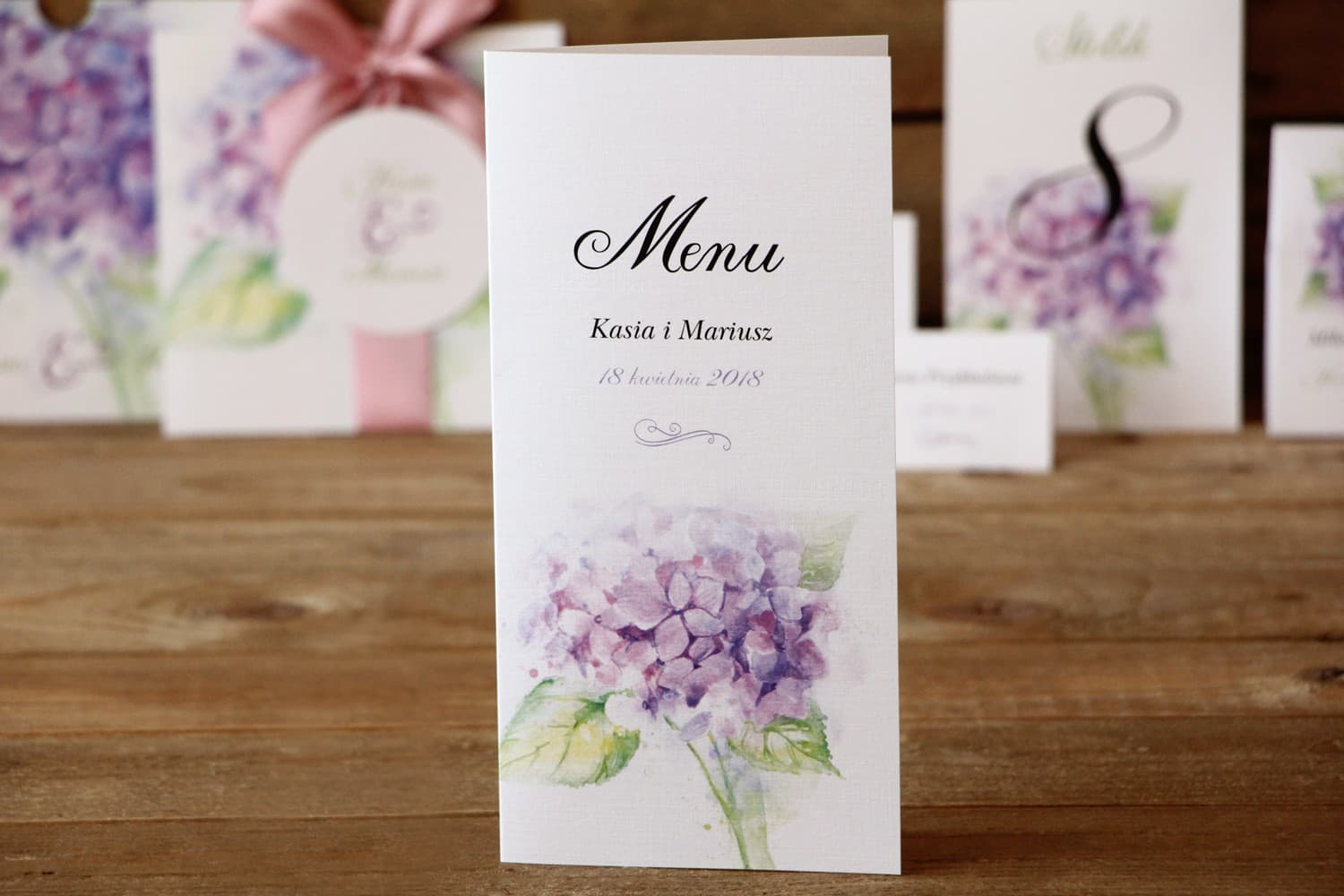 Menú de Boda Hortensia Violeta Acuarela | Carta de Menú para Mesa de Boda | Flores Pintadas nº 3
