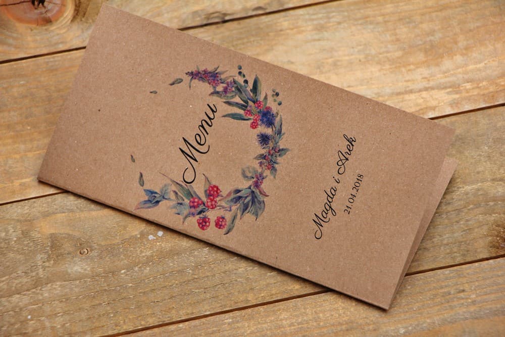 Menu Matrimonio Rustico con Motivo Forestale, Carta Eco | Menù a Libro per Tavolo Nuziale | Frutti di Bosco n. 1