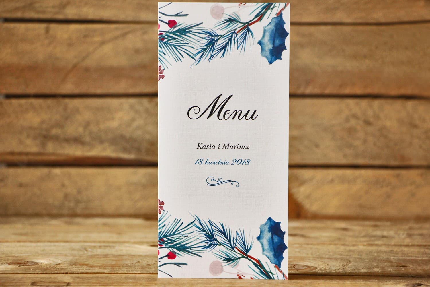 Zimowe Menu Weselne Składane z Ostrokrzewem | Elegancka Karta Dań na Stół | Malowane Kwiaty nr 24