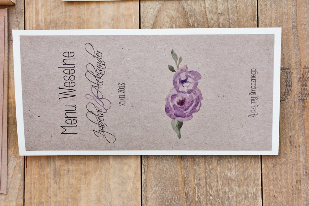 Menú de Boda con Rosas Violetas Acuarela, Papel de Lino Ecru | Elegante Menú para Mesa de Boda, Carta de Platos | Margaret n.º 4