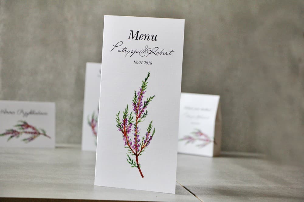 Menu de mariage, table de mariage, design Pistacjowe n° 22, brin de bruyère d'automne