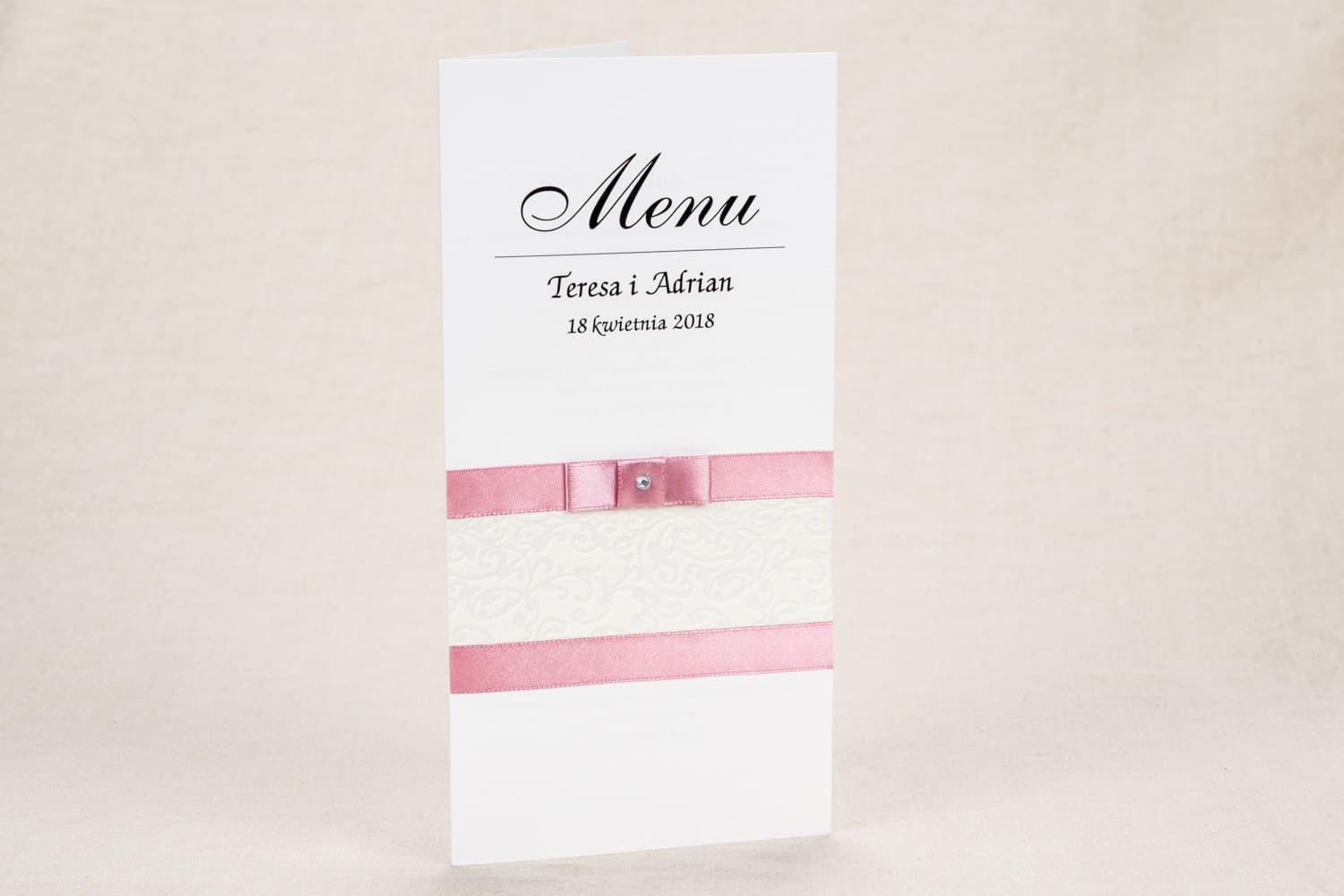 Menu de Mariage Élégant avec Dentelle et Nœud Rose | Menu de Table Autoportant | Klaris n° 4