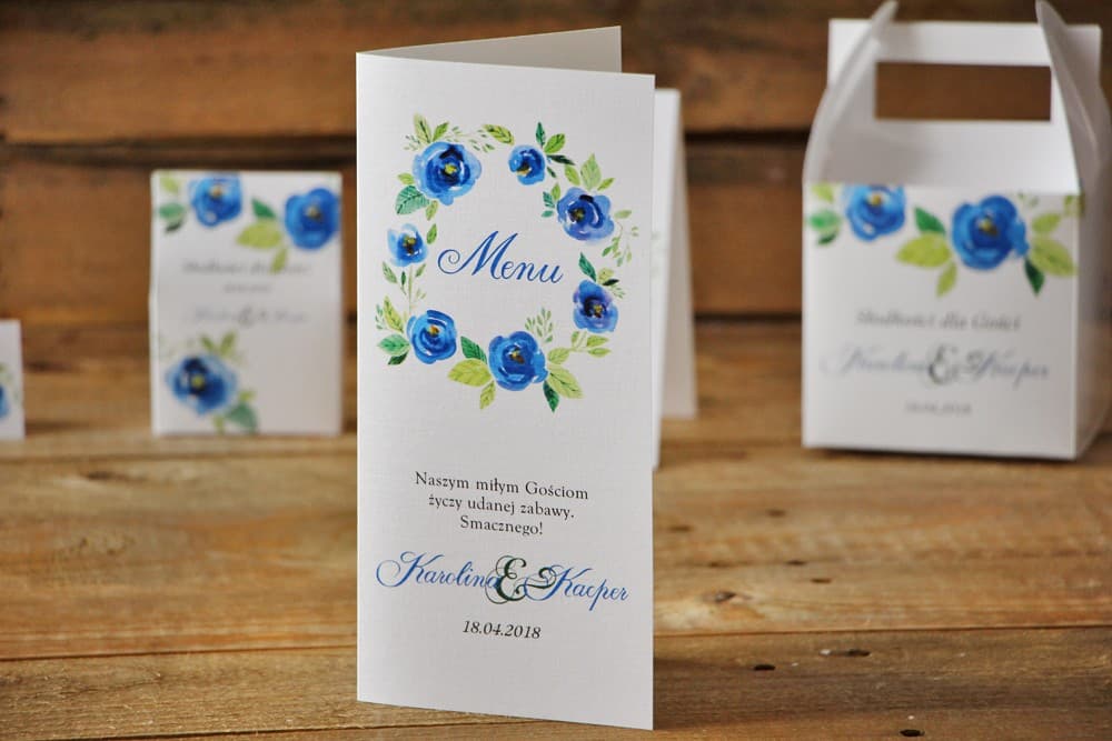 Menu Matrimonio Blu Fiori Acquerello per Tavolo, Carte Menù Personalizzate | Menu Elegante | Acquerelli n. 10