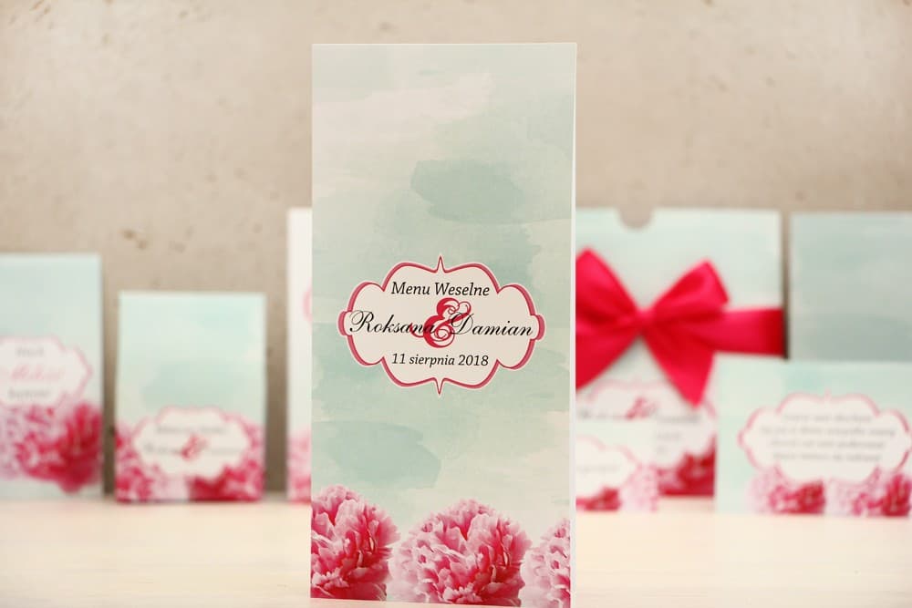 Elegante Menu Matrimonio da Tavolo con Fiori Amaranto su Sfondo Menta | Carta del Menù Personalizzata | Felicja n. 15