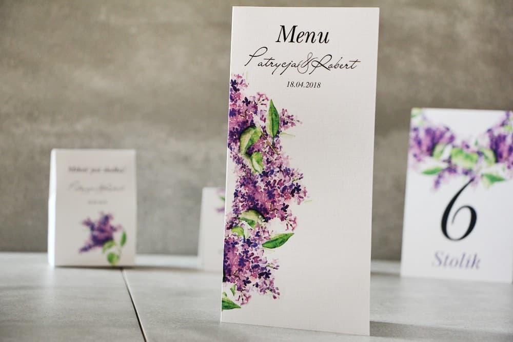 Menu Matrimonio con Glicine, Carta Menù Pastello, Fiori Viola | Elegante Menù per Ricevimento | Pistacjowe nr 2
