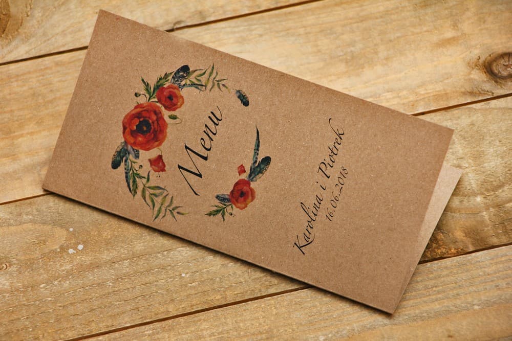 Menu Nuziale con Papaveri, Carta Personalizzata del Menu per Tavolo | Menu Rustico per Matrimonio con Fiori di Campo | Frutta di Bosco n. 6