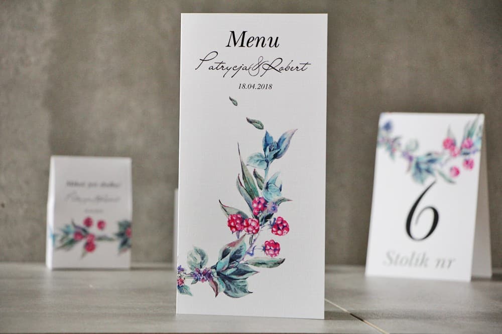 Menu de Mariage Forêt avec Mûres et Chardons, Plié | Cartes Menu Élégantes pour Mariage | Pistache n° 17