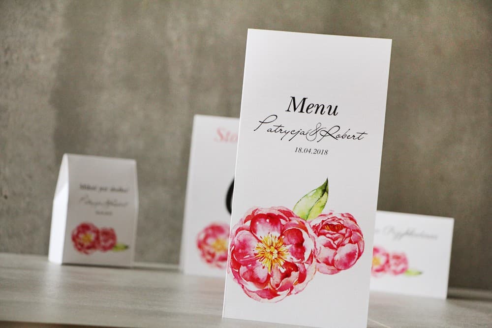 Menú de Boda Plegado con Peonías, Flores Amarantas para Mesa | Elegantes Cartas de Menú para Boda | Pistacjowe n.º 6