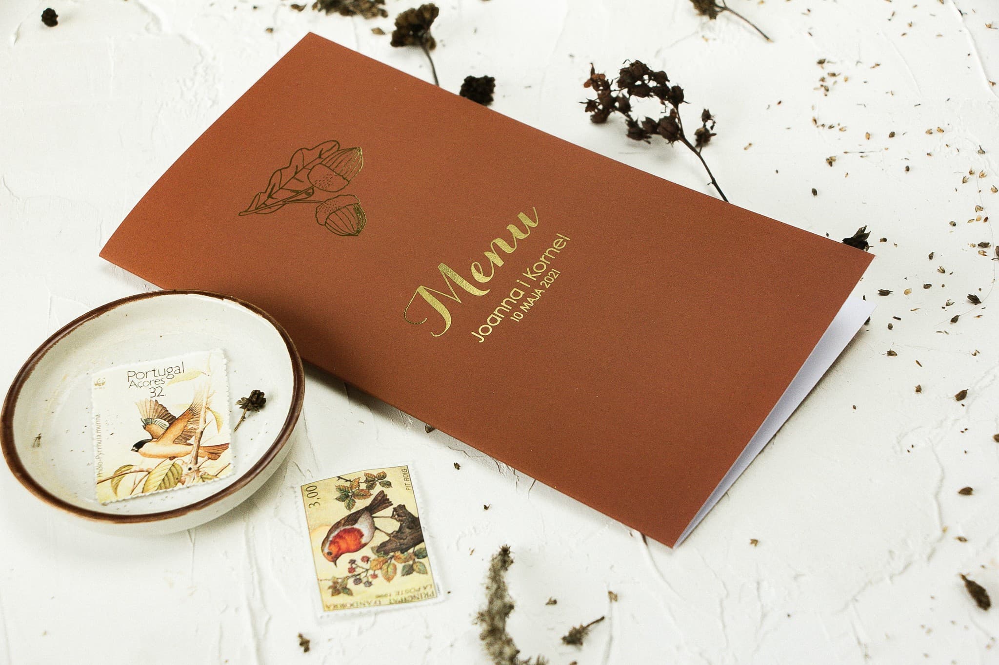 Menu Ślubne Jesienny Akcent | Menu na Stół Weselny ze Złotymi Żołędziami | Pattern nr 1