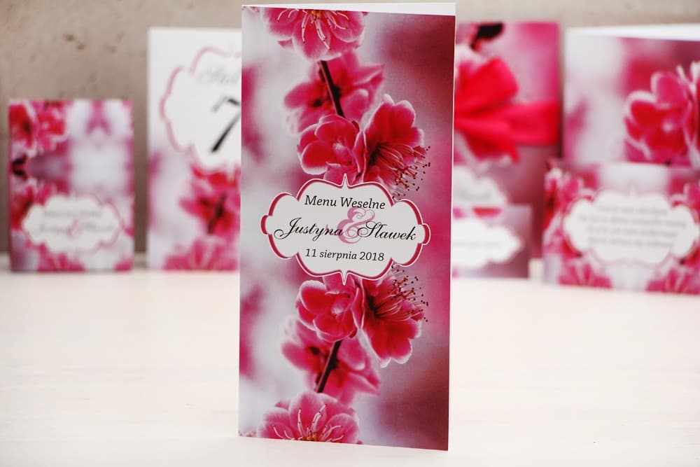 Menükarte Hochzeit Stehend Rosa Kirschblüten, Personalisierte Speisekarte | Felicja Nr. 12