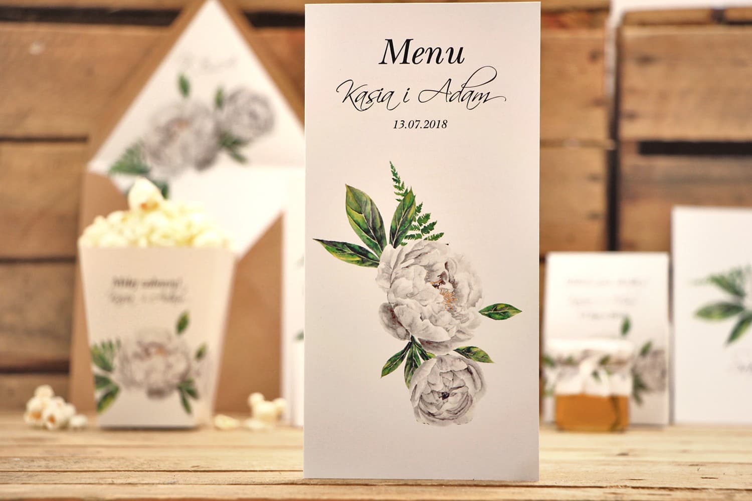 Hochzeitsmenü mit Pfingstrosen, Menükarte für den Tisch mit Farn | Elegantes Menü zur Hochzeit | Kalia Nr. 8