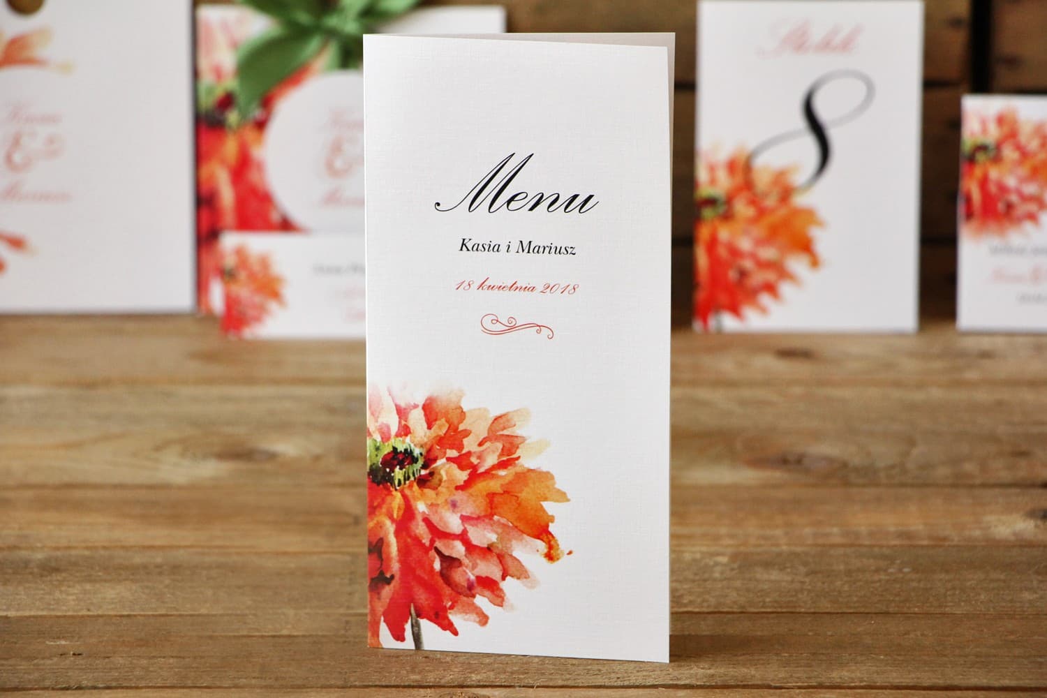 Hochzeitsmenu Orangefarbene Gerbera, Menükarte für den Tisch | Florales Hochzeitsmenü | Malowane Kwiaty Nr. 5