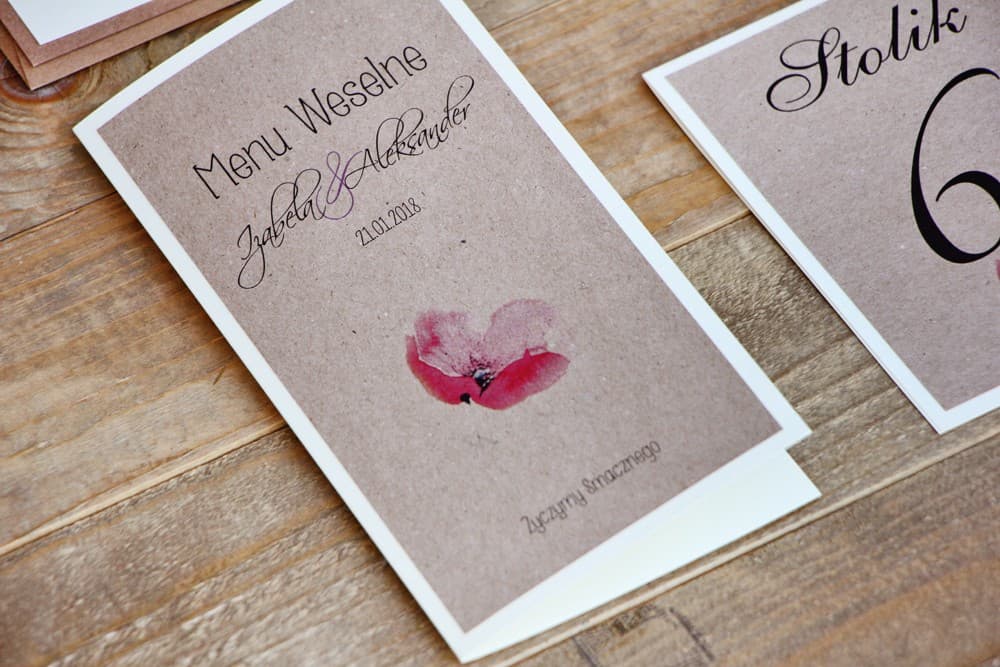 Hochzeitsmenü mit rosa Mohnblumen, elegante Menükarte für den Tisch | Personalisiertes Menü zur Hochzeit | Kollektion Margaret Nr. 5