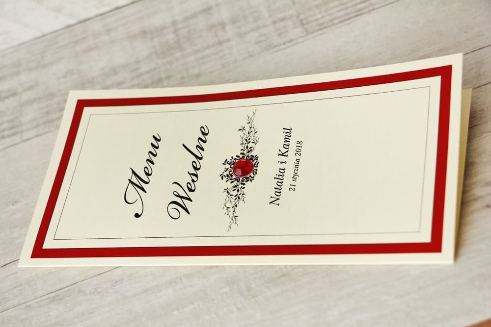 Elegantes Hochzeitsmenü mit Spitze und Zirkonia, personalisierte Menükarte | Klappkarte für den Hochzeitstisch | Kollektion Z Koronka Nr. 9