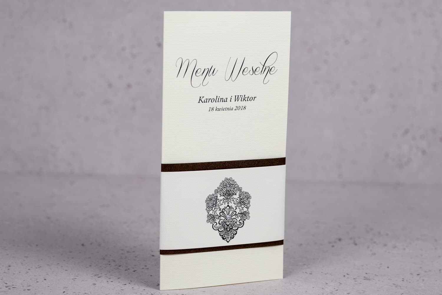 Elegante Hochzeitsmenükarte mit Zirkonia und Banderole | Menükarte Glamour für den Hochzeitstisch | Moreno Nr. 6