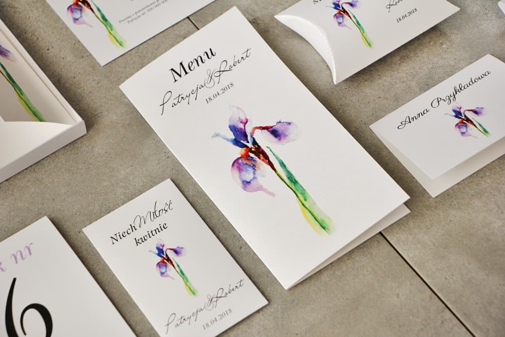 Hochzeitsmenü Aquarell-Iris, Menükarte Violett & Bernstein | Elegante Tischkarte | Kollektion Pistacjowe Nr. 10