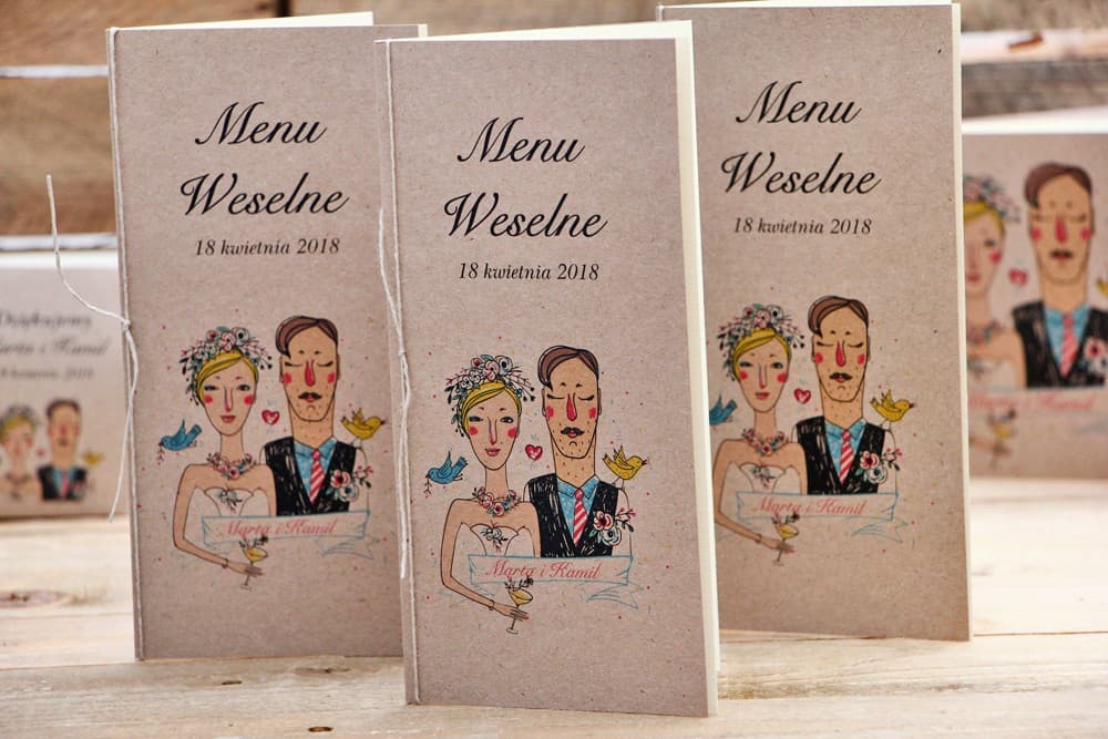 Hochzeitsmenü mit Brautpaar-Illustration, personalisierte Menükarte Eco | Originelles Design | Presto Nr. 1