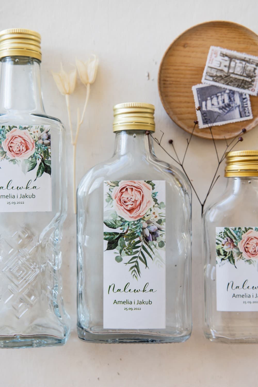 Likörfläschchen mit Pfingstrosen, Personalisierte Etiketten | Gastgeschenke zur Hochzeit | Korani Nr. 11