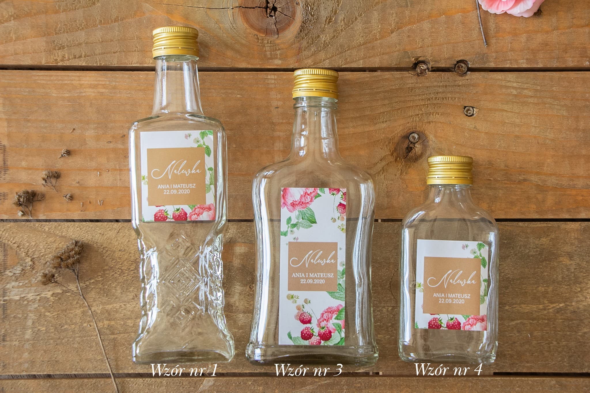 Mini Liqueur Bottles Wedding Favours with Pink Peony Label Korani No. 7 - 3