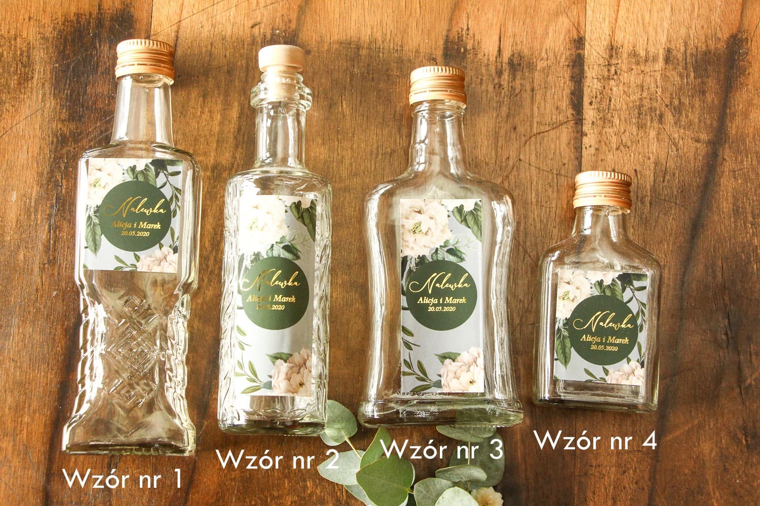 Gold Foiled Mini Liqueur Bottles for Guests with Peonies - Soreli 1