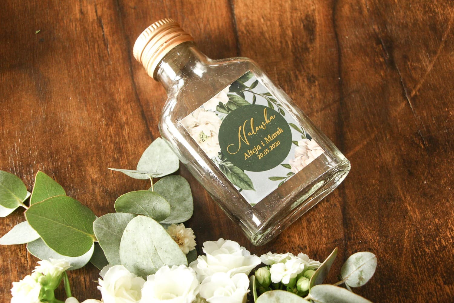Gold Foiled Mini Liqueur Bottles for Guests with Peonies - Soreli 1 - 3