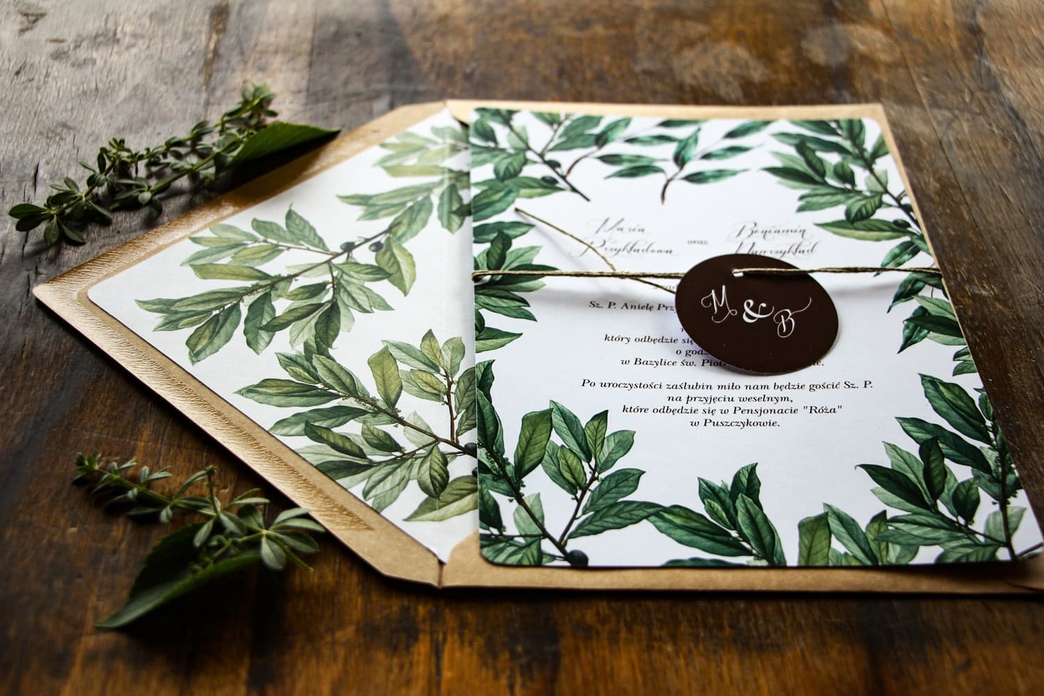 Muestra de Invitación con Ramas de Olivo | Invitaciones de Boda Rústicas Greenery | Muestra Índigo nº 2