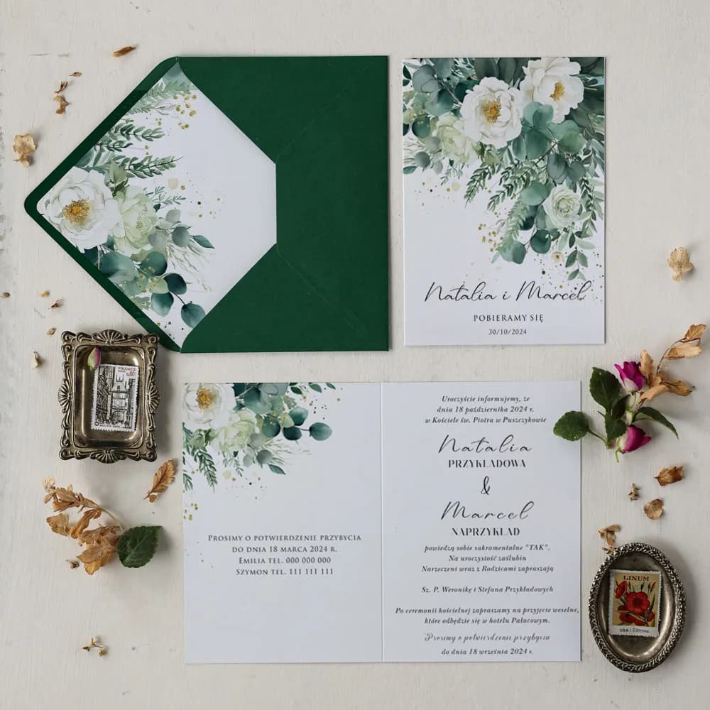 Muestra de invitación con eucalipto y flores – Impresión nº 9